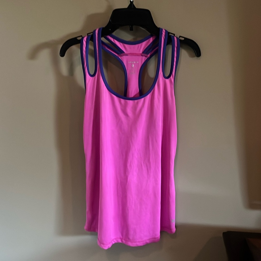 Women’s Layer 8 Muscle Workout Tank Top Pink with Deep Purple Outline.